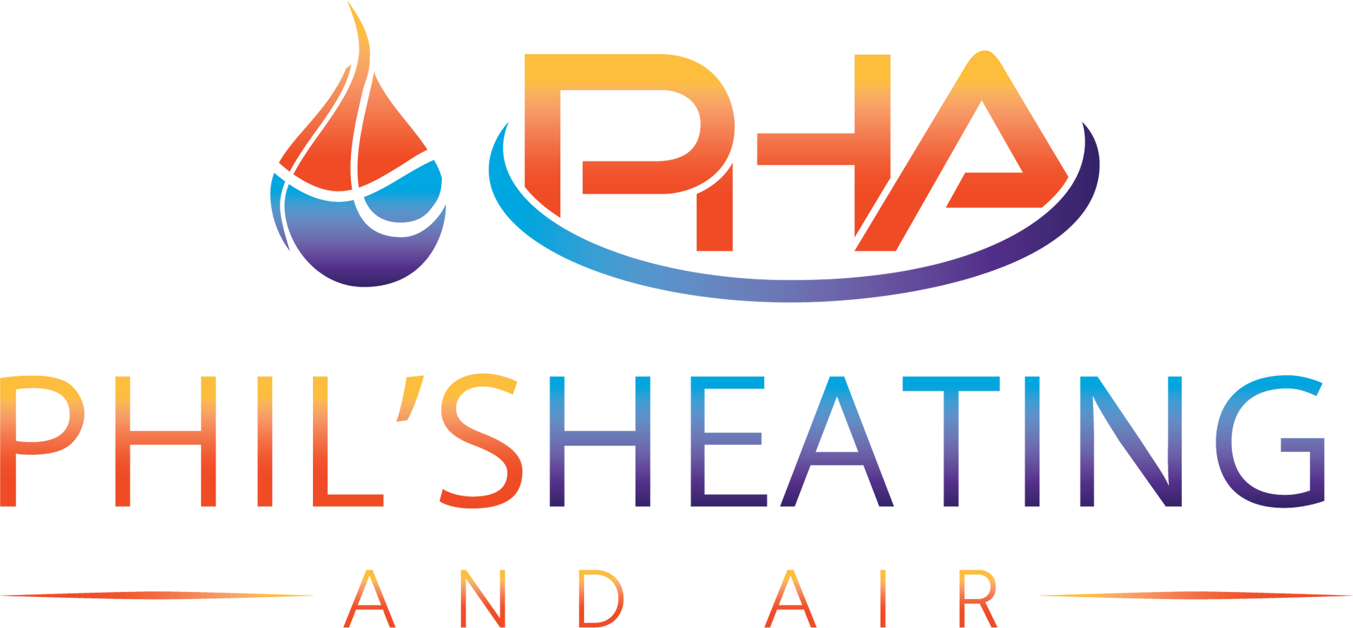 Homepage PHA logo with orange, blue, and red water-drop flame icon above PHIL’S HEATING AND AIR text