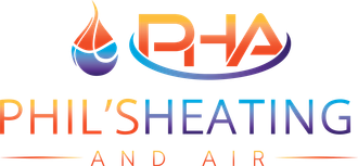 PHA logo with orange, blue, and red water-drop flame icon above PHIL’S HEATING AND AIR text