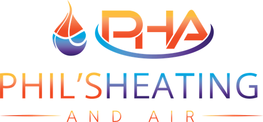 PHA logo with orange, blue, and red water-drop flame icon above PHIL’S HEATING AND AIR text