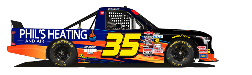 Blue and red race car with number 35 and Phil’s Heating branding on the side