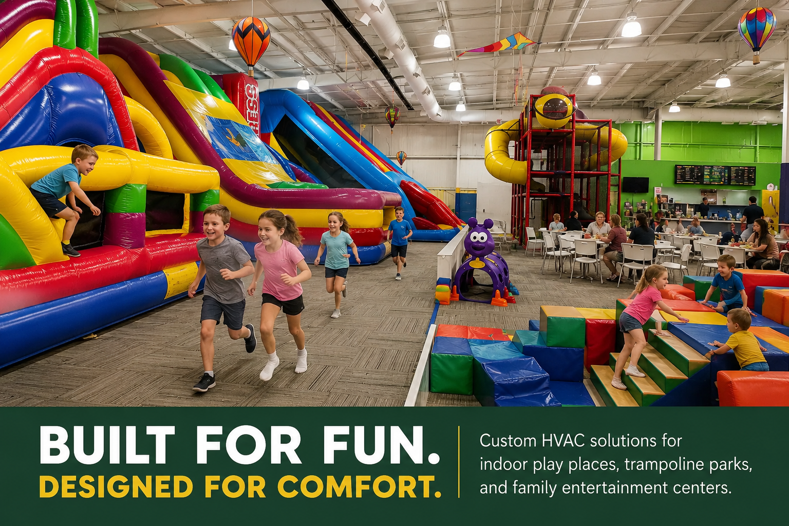 Contact Us Indoor inflatable play center with colorful bounce slides and children playing, with a “Built for Fun” sign.