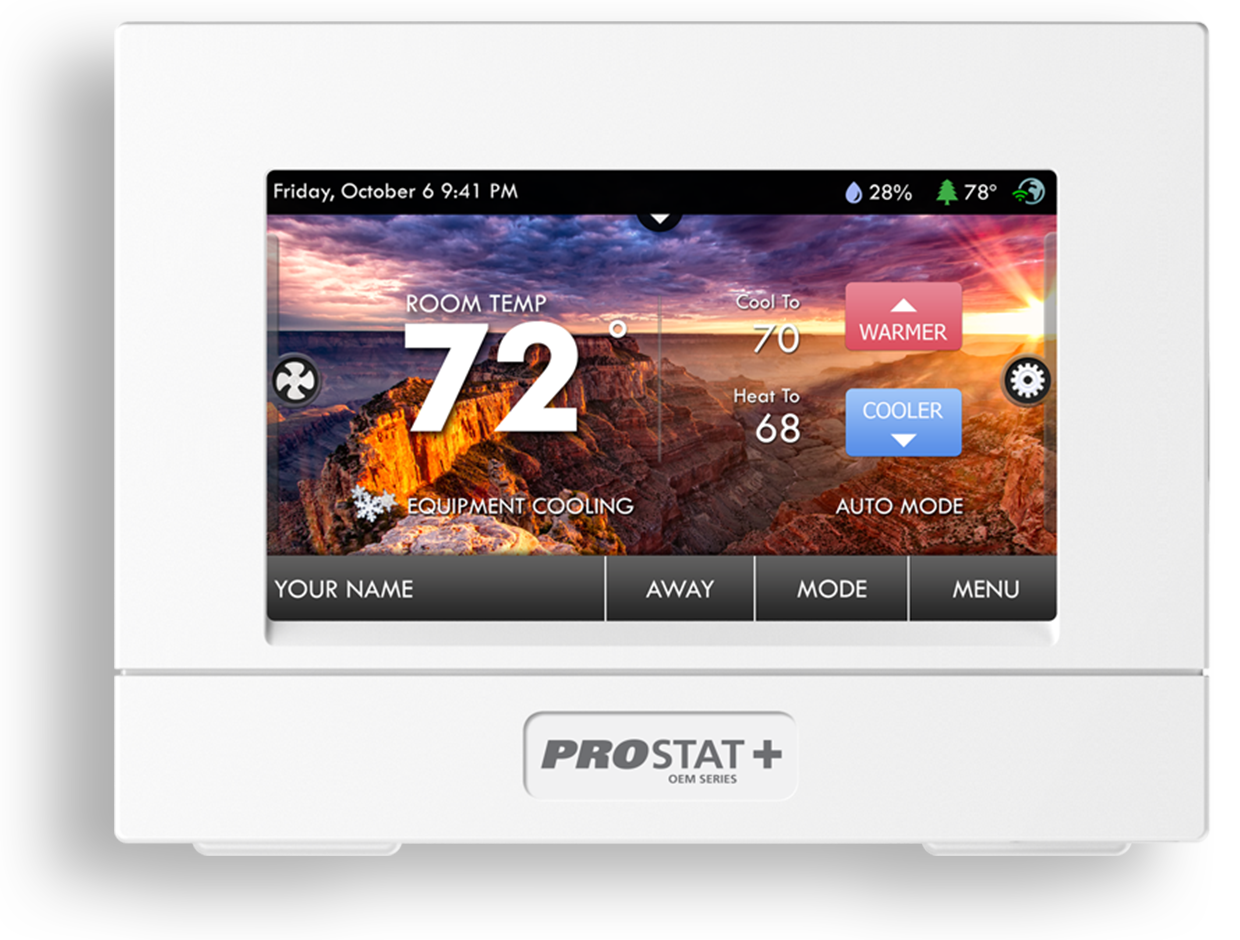 Learn More About Prostat+ Thermostats White wall thermostat with touchscreen showing 72°F and weather forecast on a home HVAC display