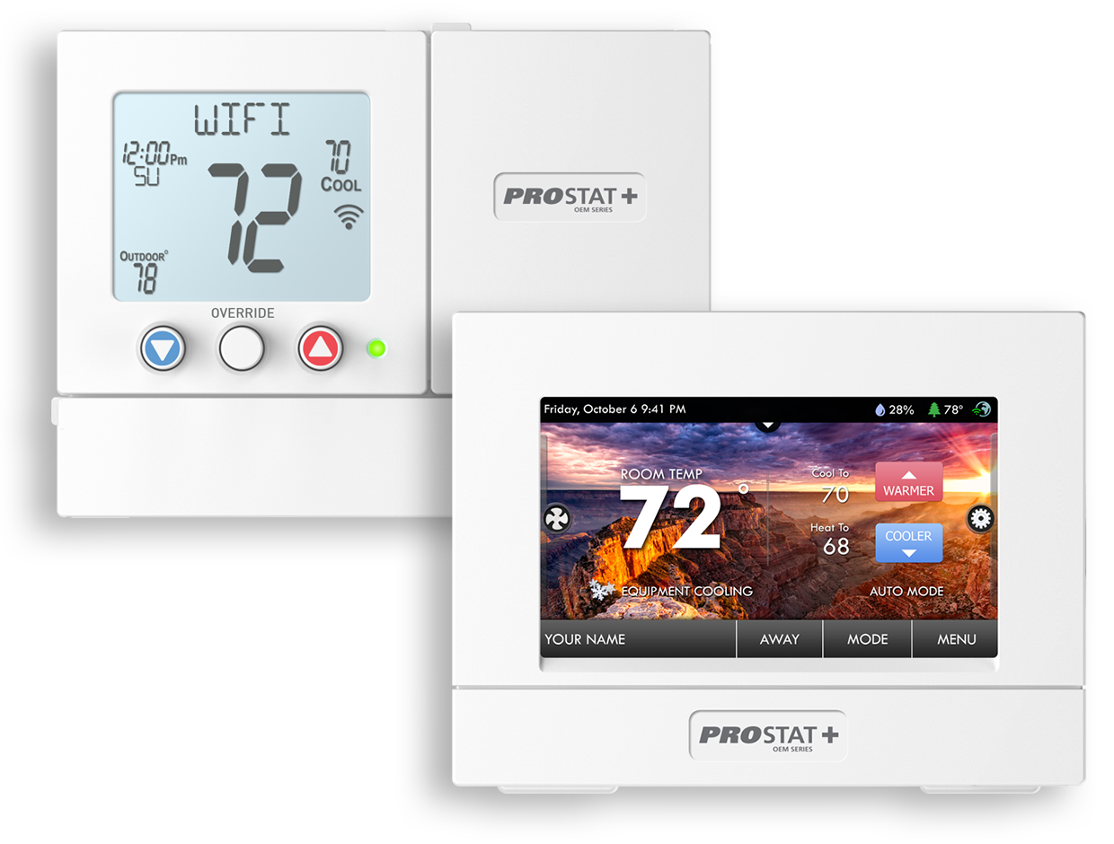 Contact Us Two PROSTAT thermostats, one white digital and one touchscreen display, showing 72°F.