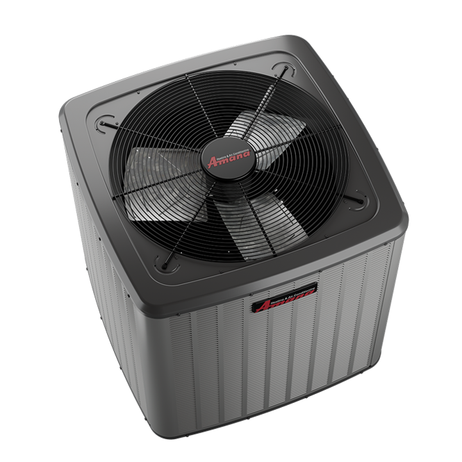 Black outdoor air conditioner condenser unit with a fan on top