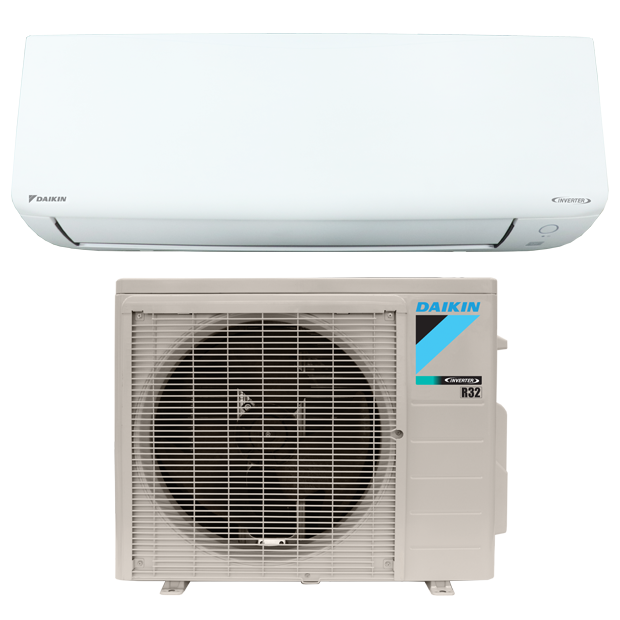 White wall-mounted air conditioner above a beige outdoor condenser unit with a fan grill.