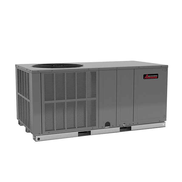 Gray outdoor HVAC unit with vented sides and top fan on a white background