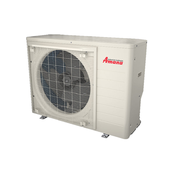 Amana outdoor air conditioner unit with large front fan in beige casing