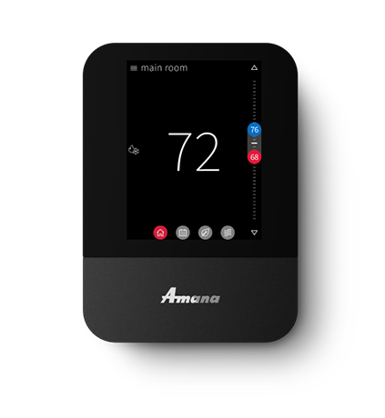 Black Amana wall thermostat displaying 72°F on a white background