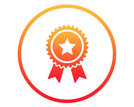 Orange-red award medal with star and two ribbons inside a circular border