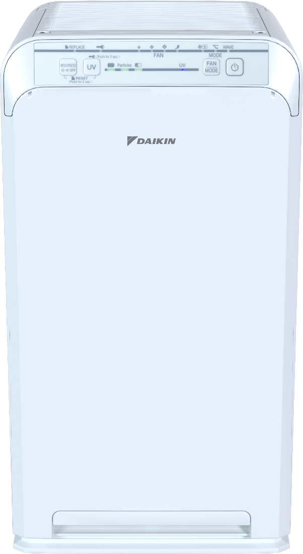 White air purifier with a front control panel and the Daikin brand logo on the lid.