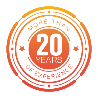 About Us Circular badge reading “More than 20 years of experience” in orange and red gradient.