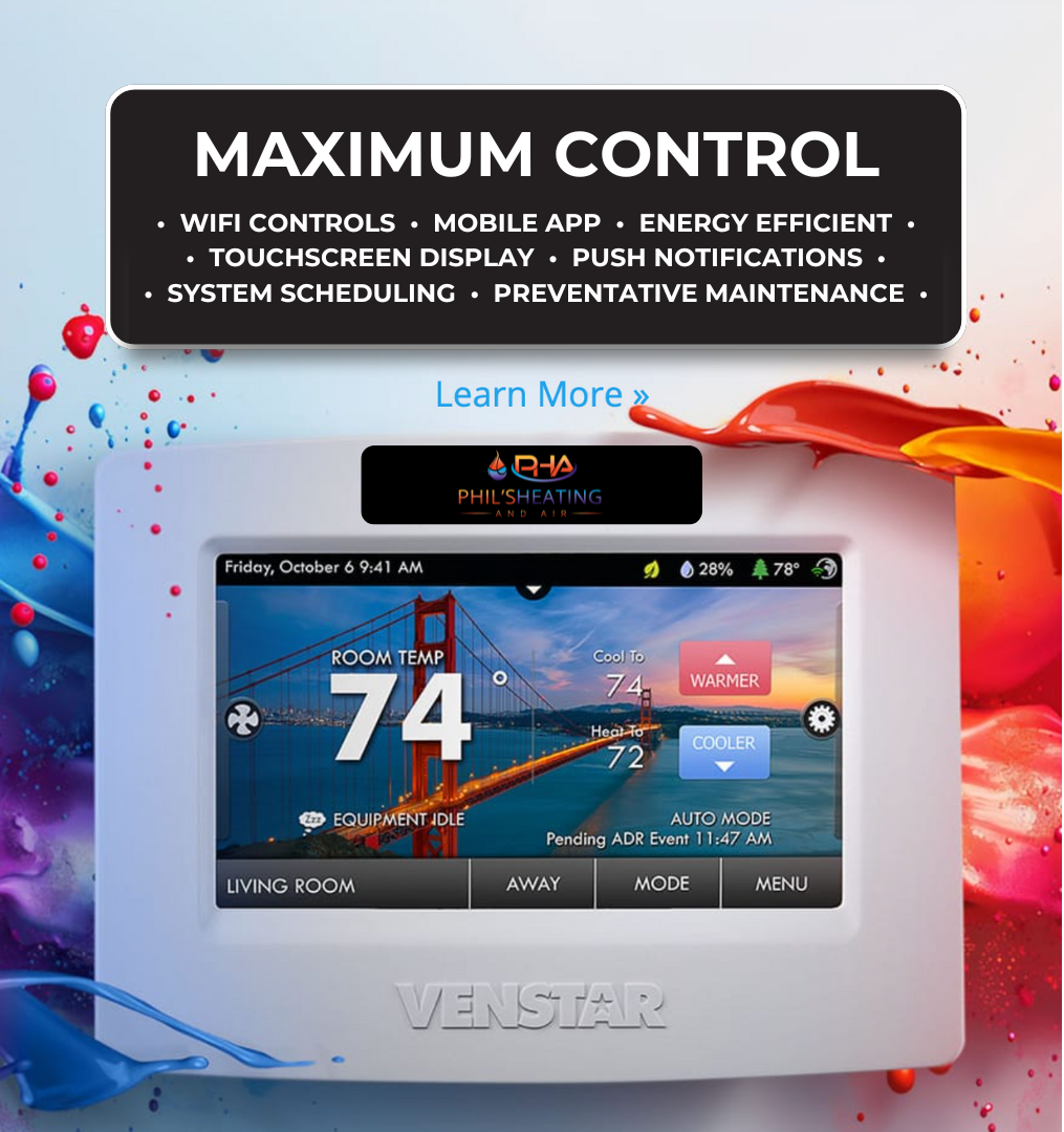 Smart thermostat promo with wall-mounted touchscreen showing 74°, blue interface, and “Maximum Control” headline