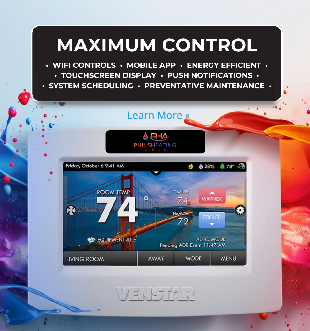 Learn More About Smart Thermostats Venstar touchscreen thermostat on white wall, showing 74° with a bridge wallpaper and features list above