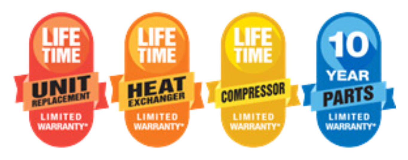 Four warranty badges: three orange “LIFE TIME” icons and one blue “10 YEAR PARTS” icon.