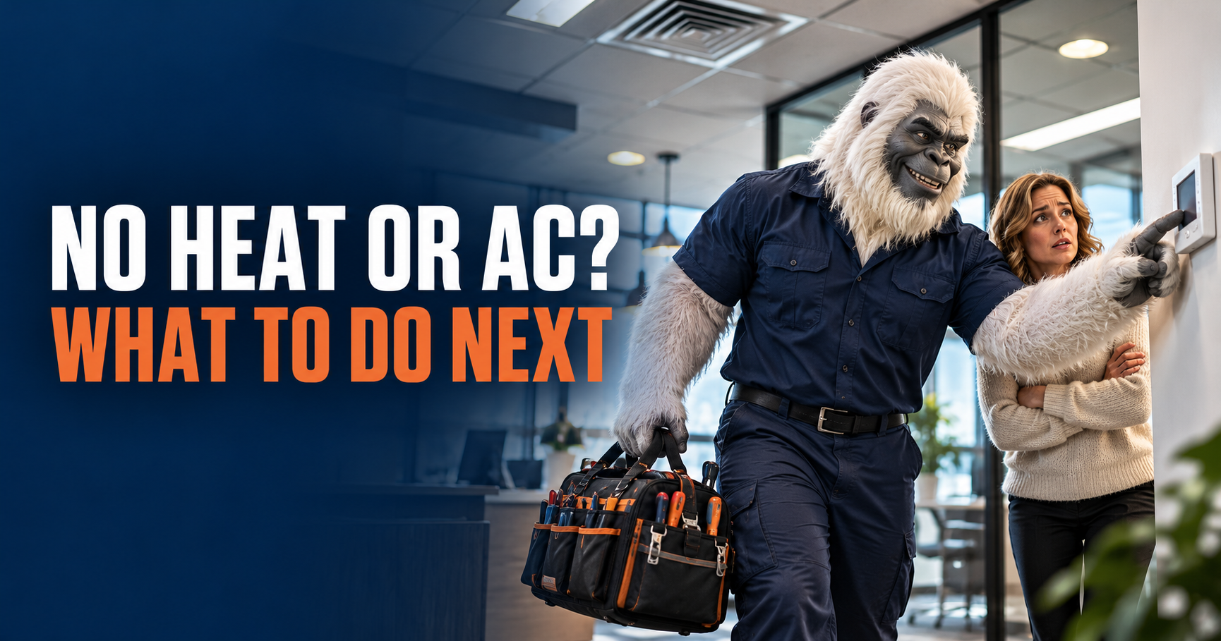 “No heat or AC? What to do next” with a bundled-up person in a lobby carrying a toolbox