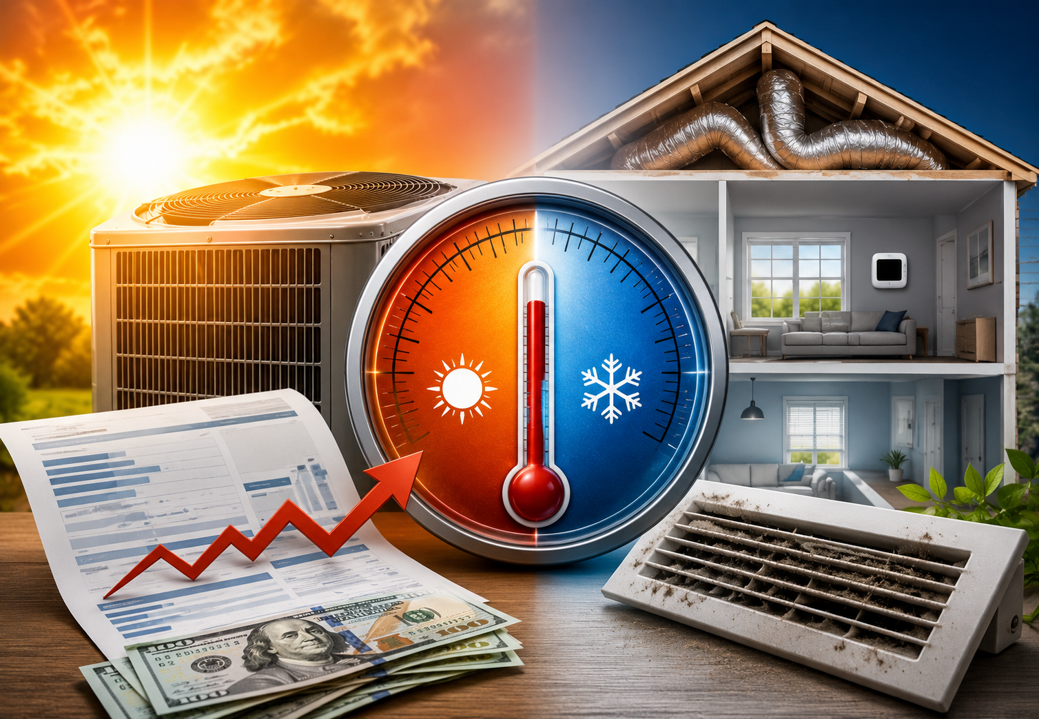 Home energy efficiency with heating and cooling gauge, house, solar panels, and bills under bright sun