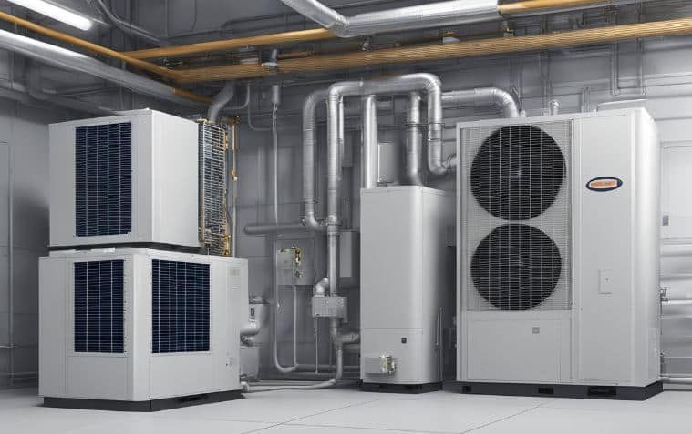 Industrial HVAC equipment in a mechanical room with metal ducts, pipes, and large white units