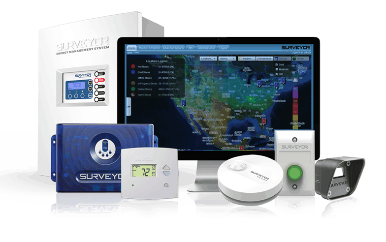 Learn More About Surveyor Security system equipment with monitor showing a map, plus blue, white, and black alarm devices on display