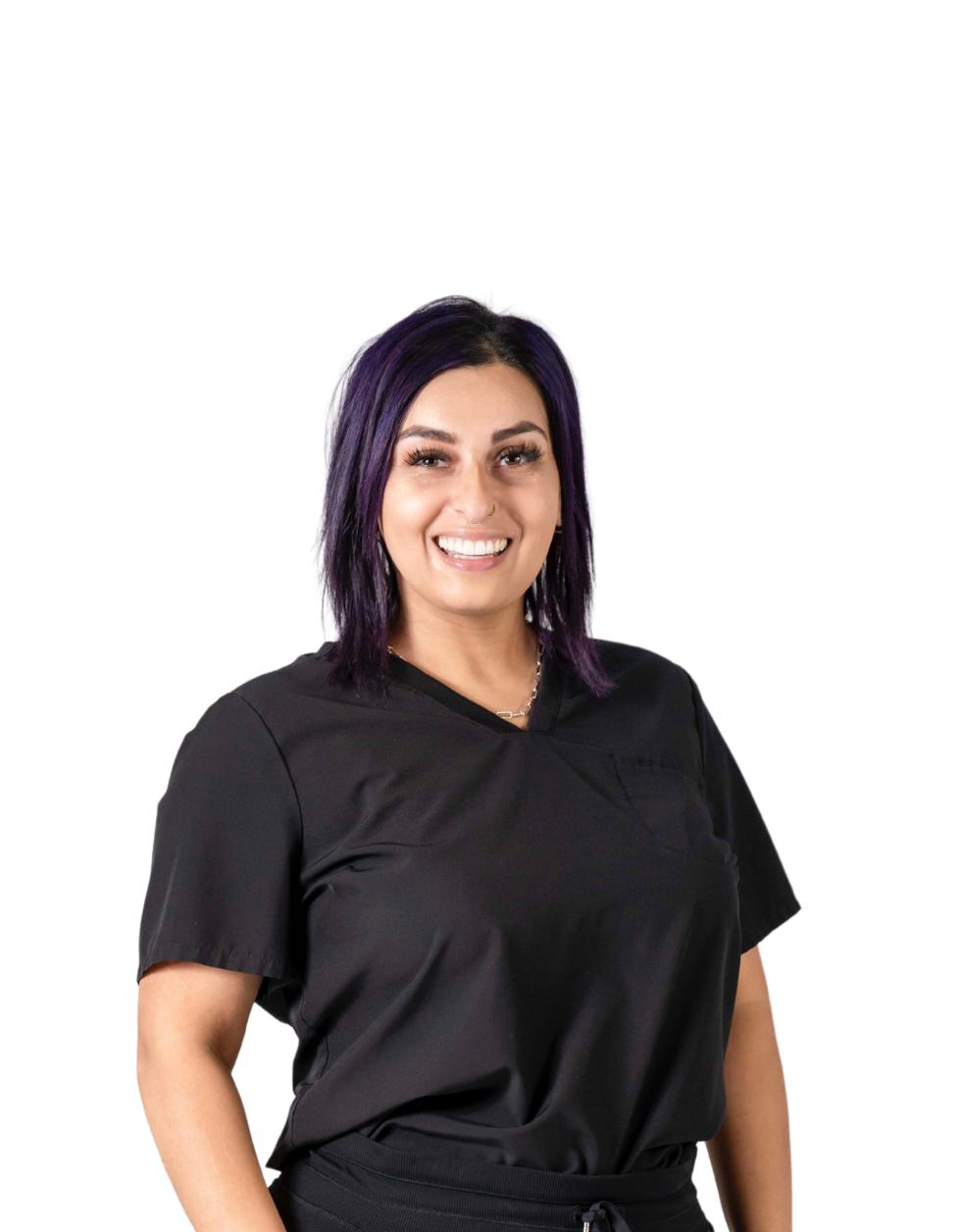 Smiling Dr. Mangat from Ethos Dental Studio in Langley, BC in a black shirt against a white background