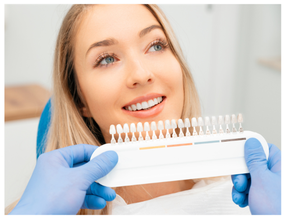 Dentist matching tooth shade for a cosmetic dental treatment at Ethos Dental Studio in Langley, BC