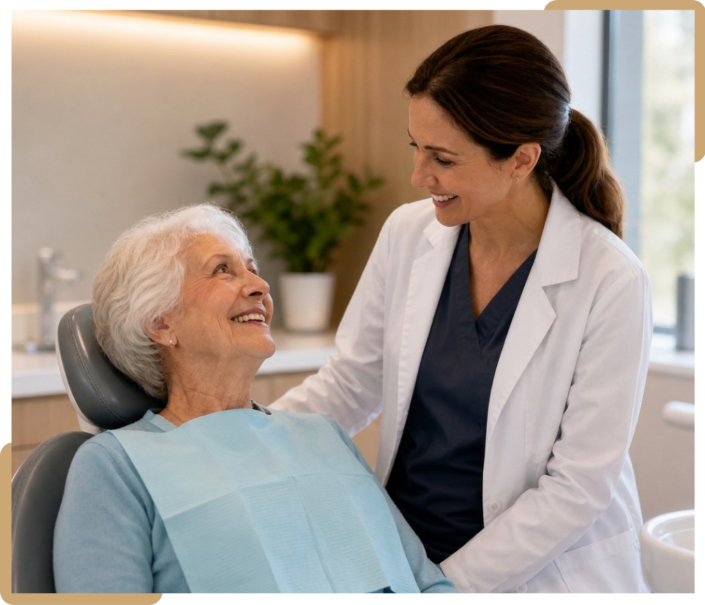 Table Senior patient smiling comfortably in a dental chair with a friendly dentist