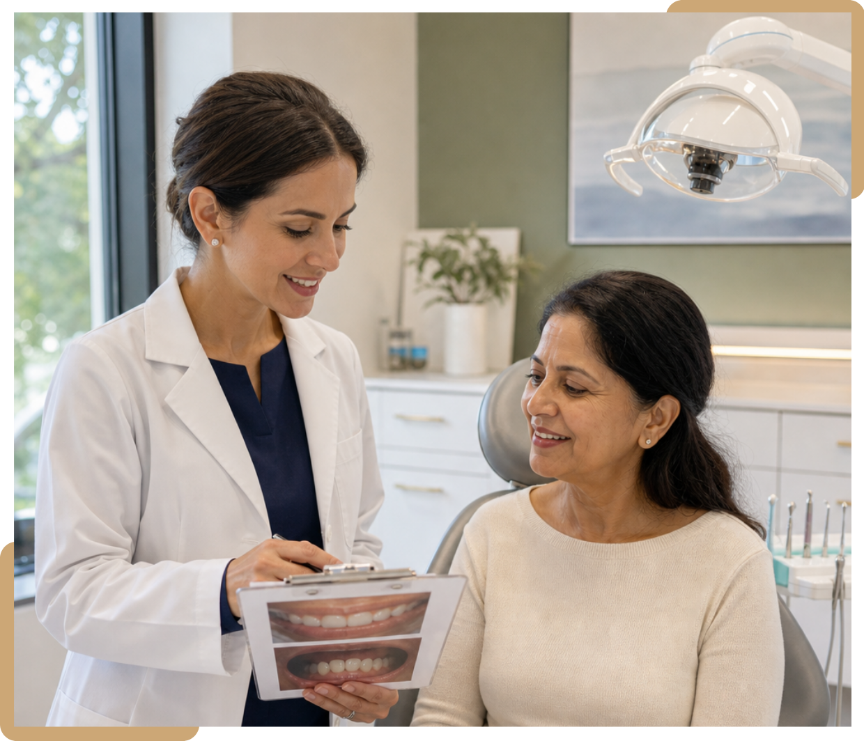 Table Female dentist reviewing treatment photos with a patient in a modern dental clinic