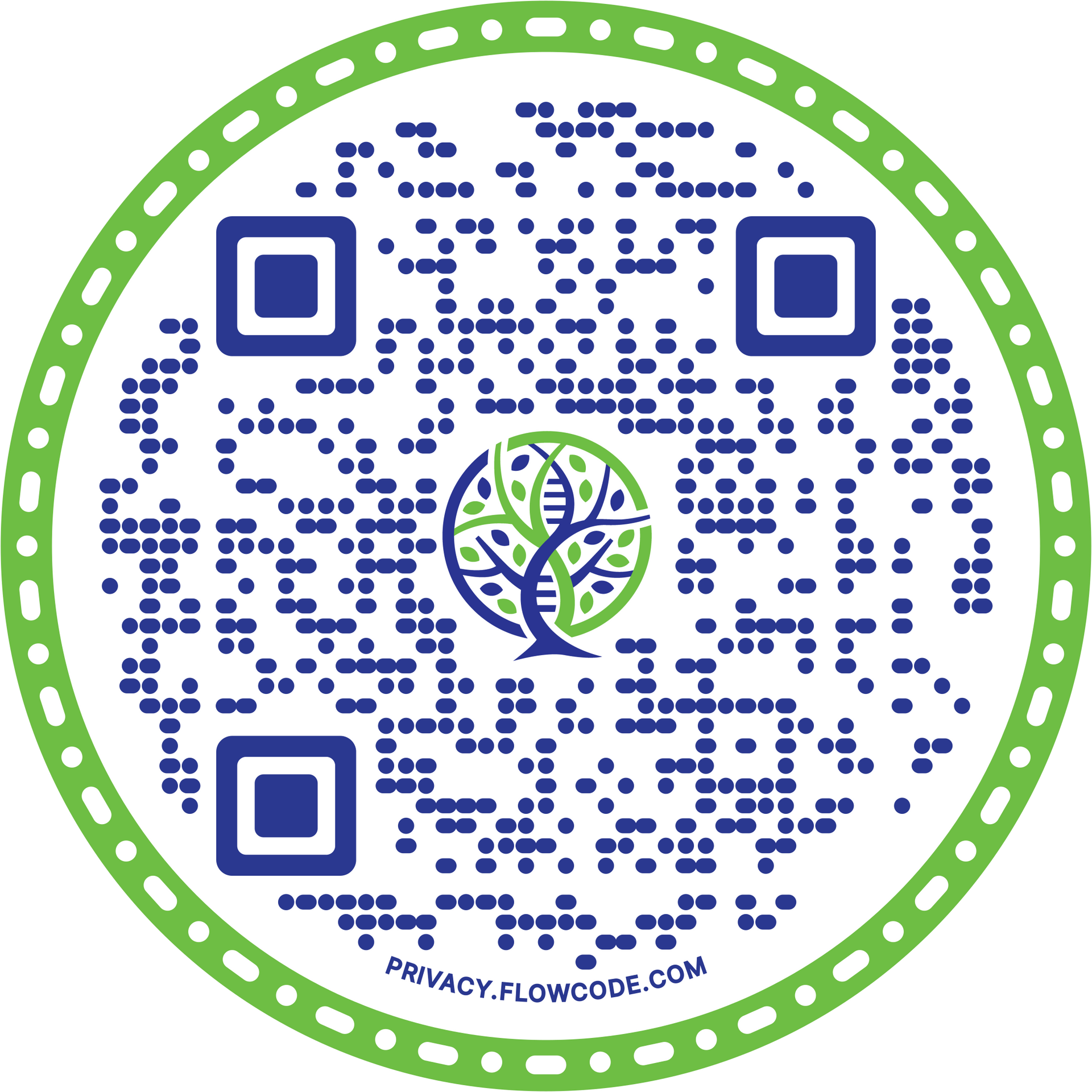 Stylized purple QR code with green circular border and small tree logo in the center