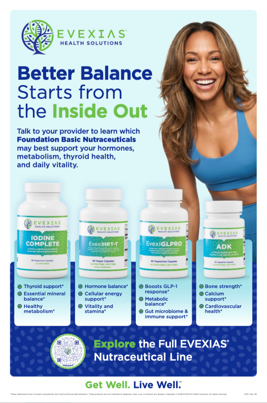 EVEXIAS ad with smiling woman and four supplement bottles promoting better balance and stress support