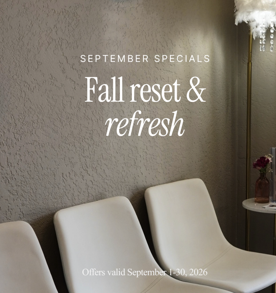 Promotional poster for “Fall reset & refresh” beside two white chairs in a neutral room