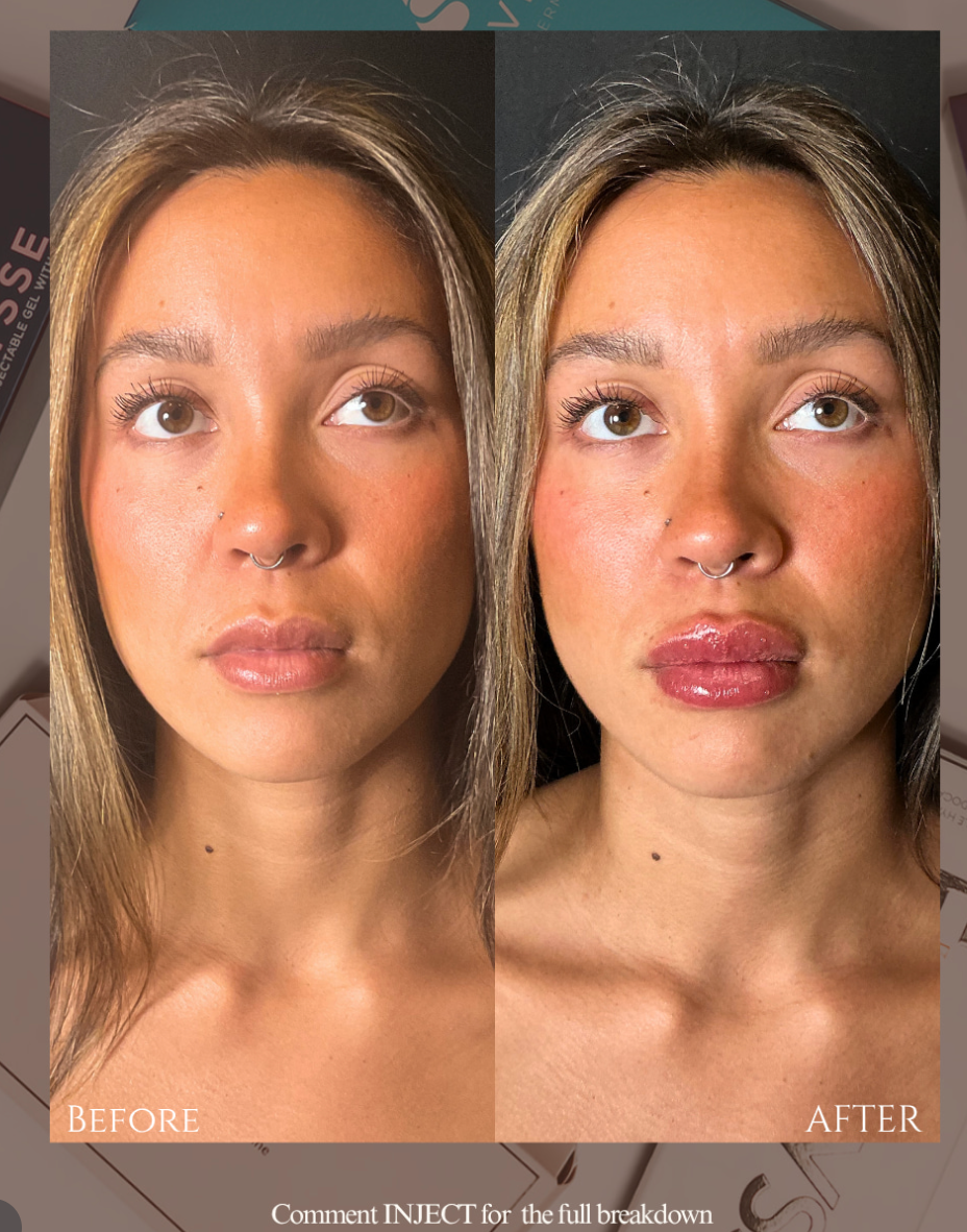 Before-and-after portrait of the same woman, showing a subtle makeup transformation.