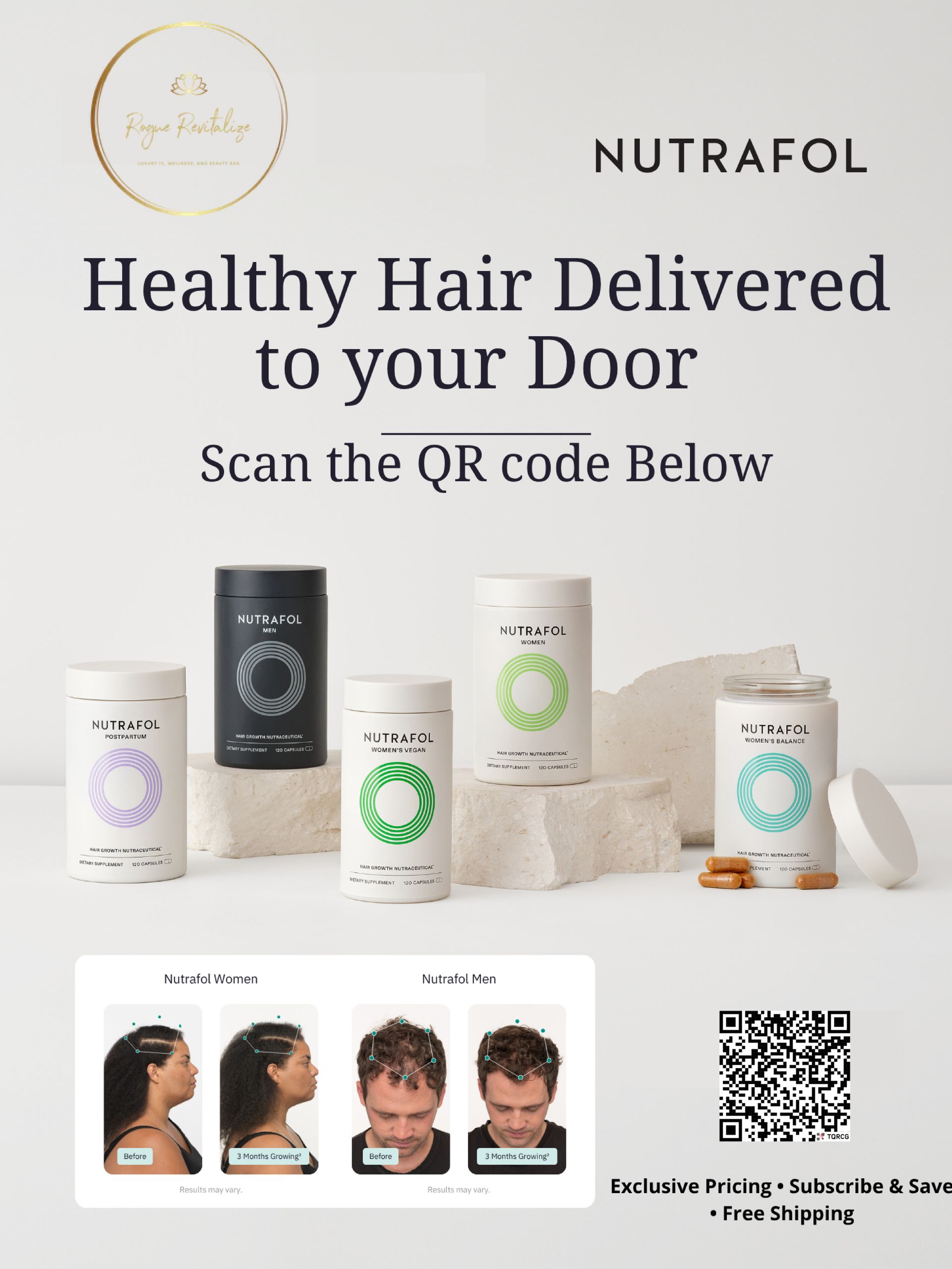 Nutrafol ad: Hair health supplements with before/after photos. QR code, delivery offer.