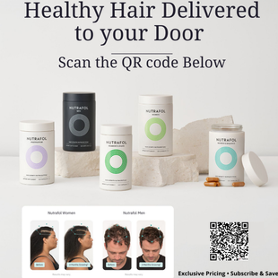 Hair care ad with shampoo bottles and the text “Healthy Hair Delivered to your Door” and “Scan the QR code Below”