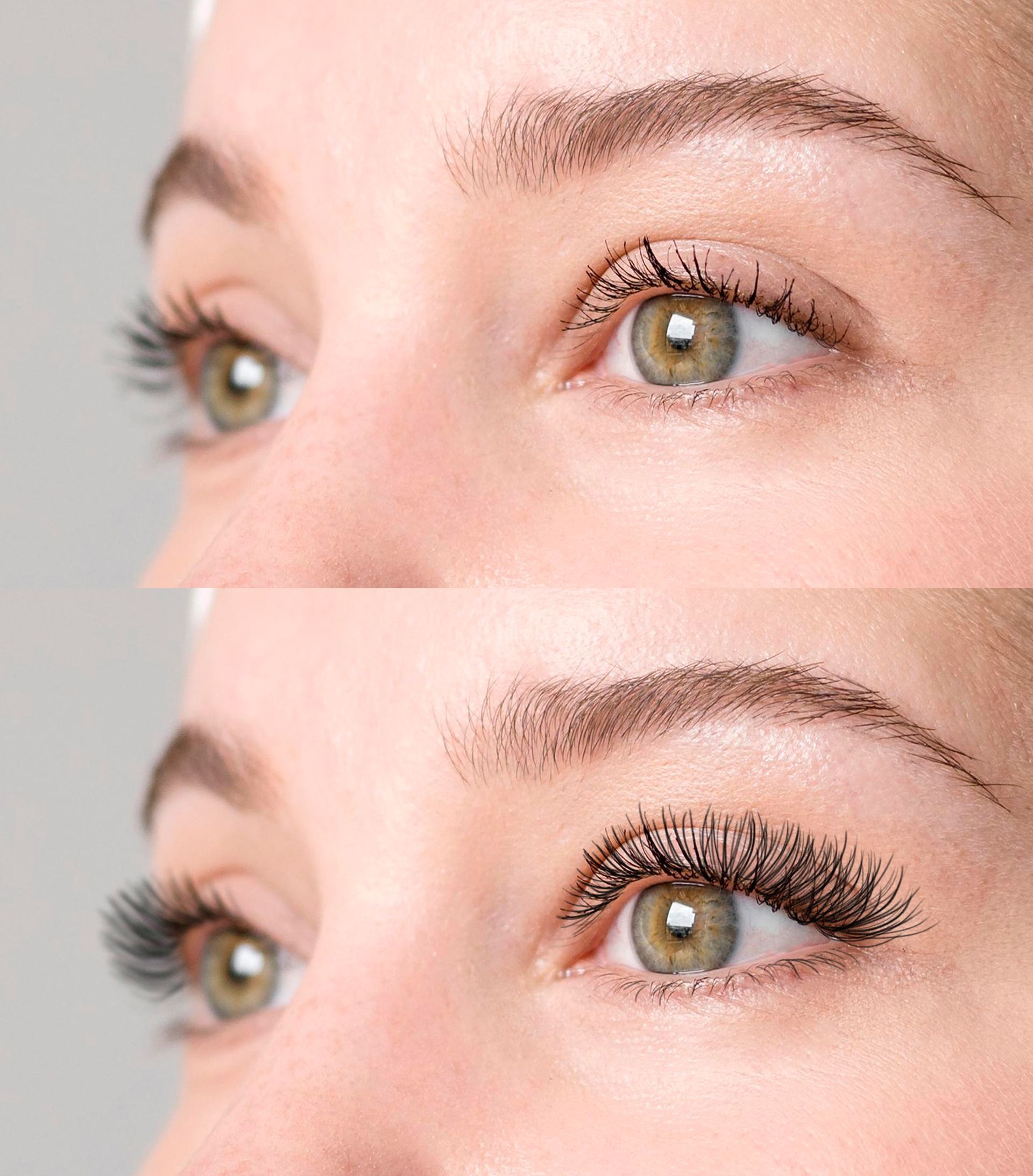 A close up of a woman 's eyes before and after applying mascara.
