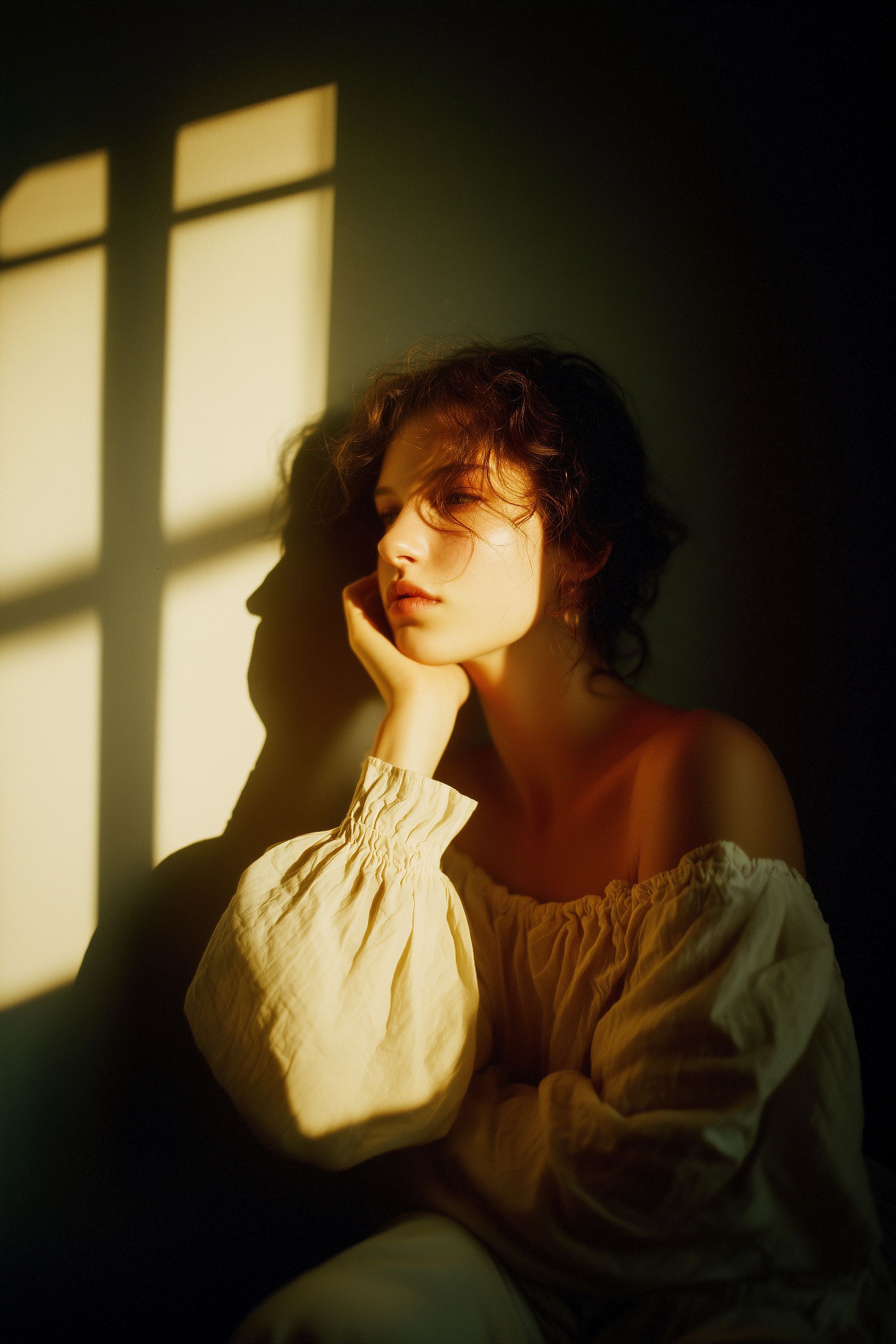 Woman in a white blouse sitting by a window, softly lit by warm sunlight.