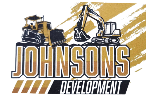 Johnson's Development logo featuring construction equipment in gold and black. 
