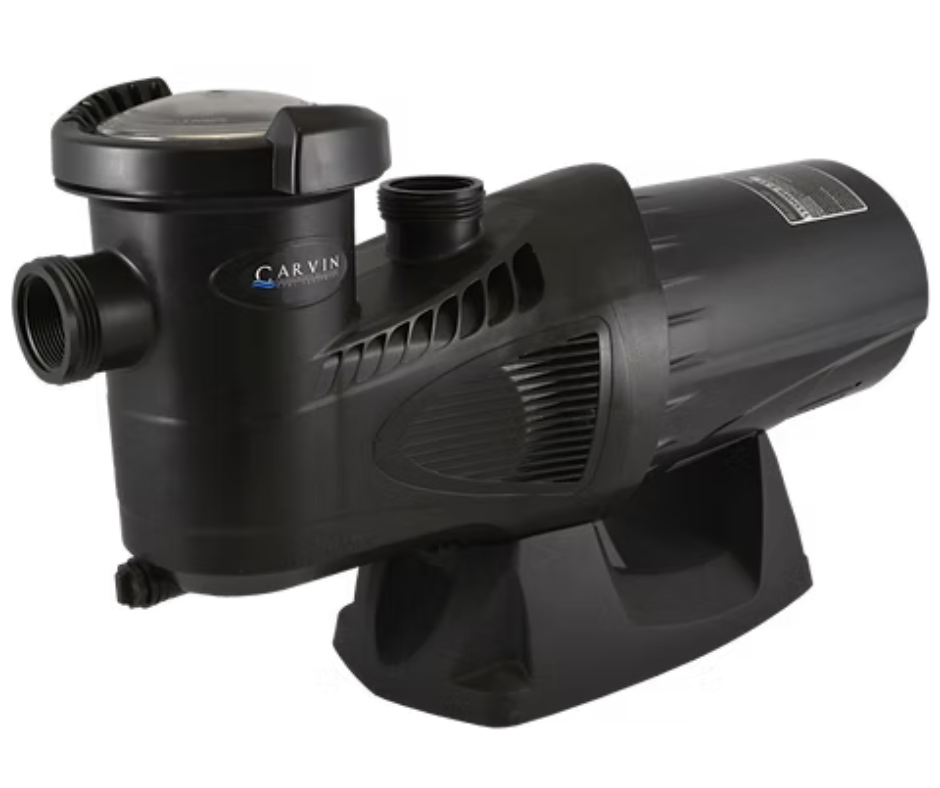 Une pompe de piscine Carvin noire sur fond blanc