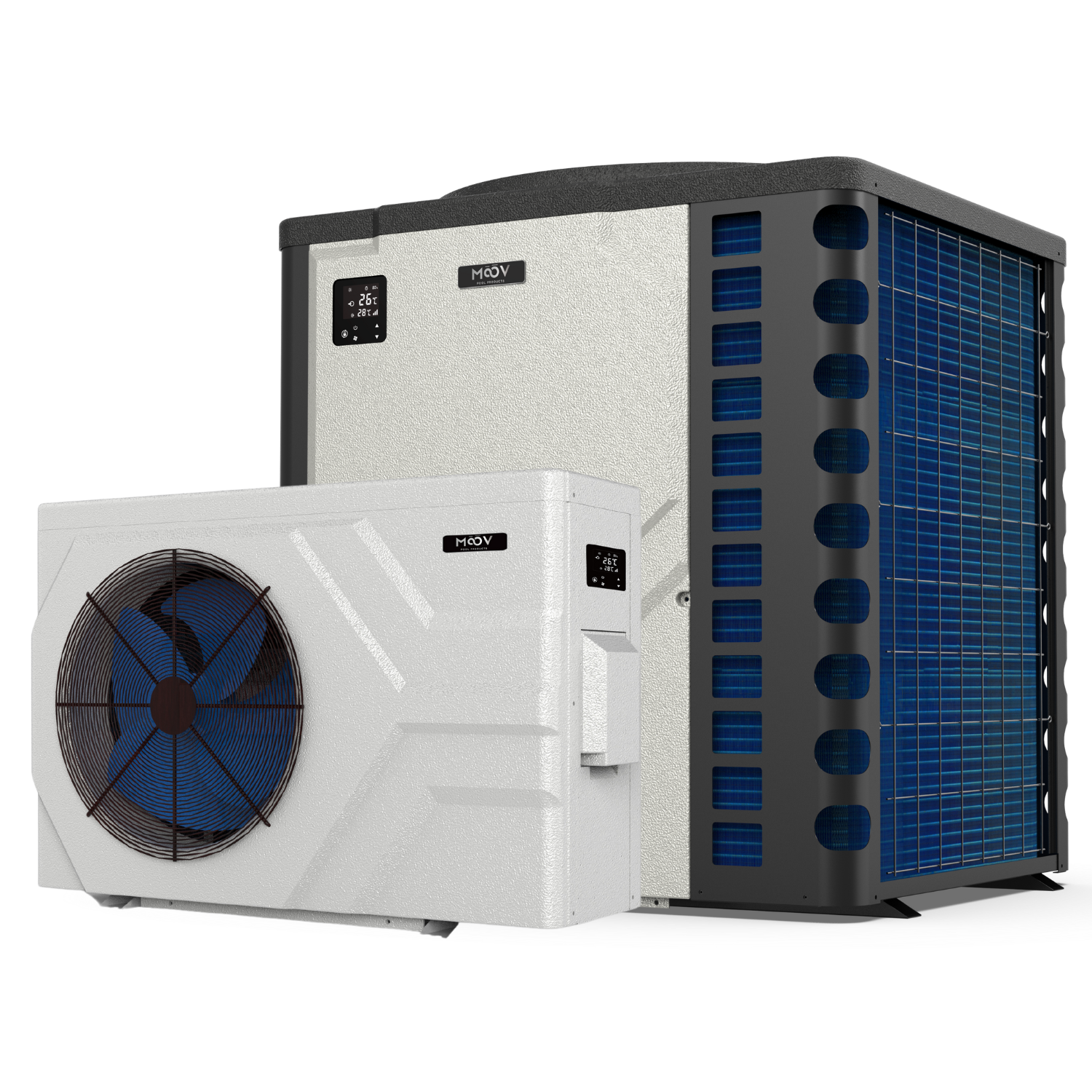 Un climatiseur blanc et noir avec un ventilateur bleu sur fond blanc.