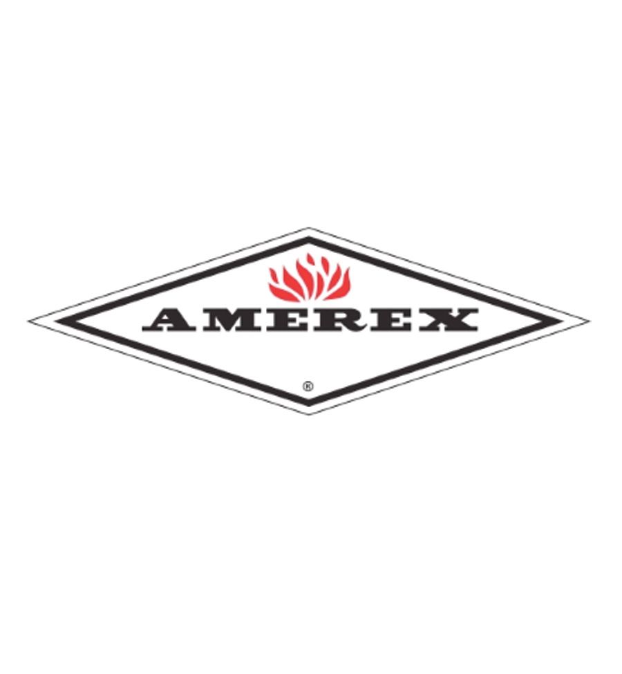 A black and white logo for amerix with a red flame on it.