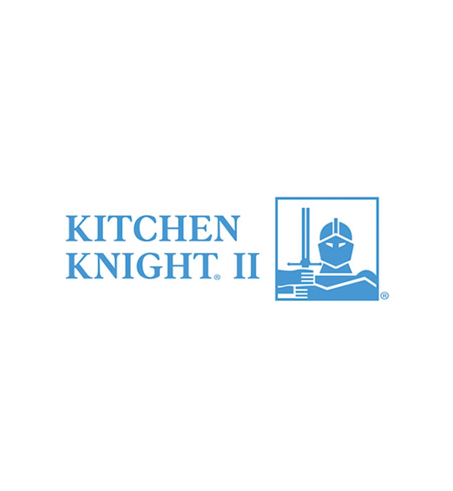A blue Kitchen Knight logo on a white background.