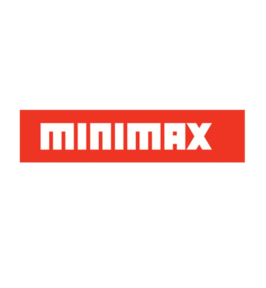 A red and white logo for minimax on a white background