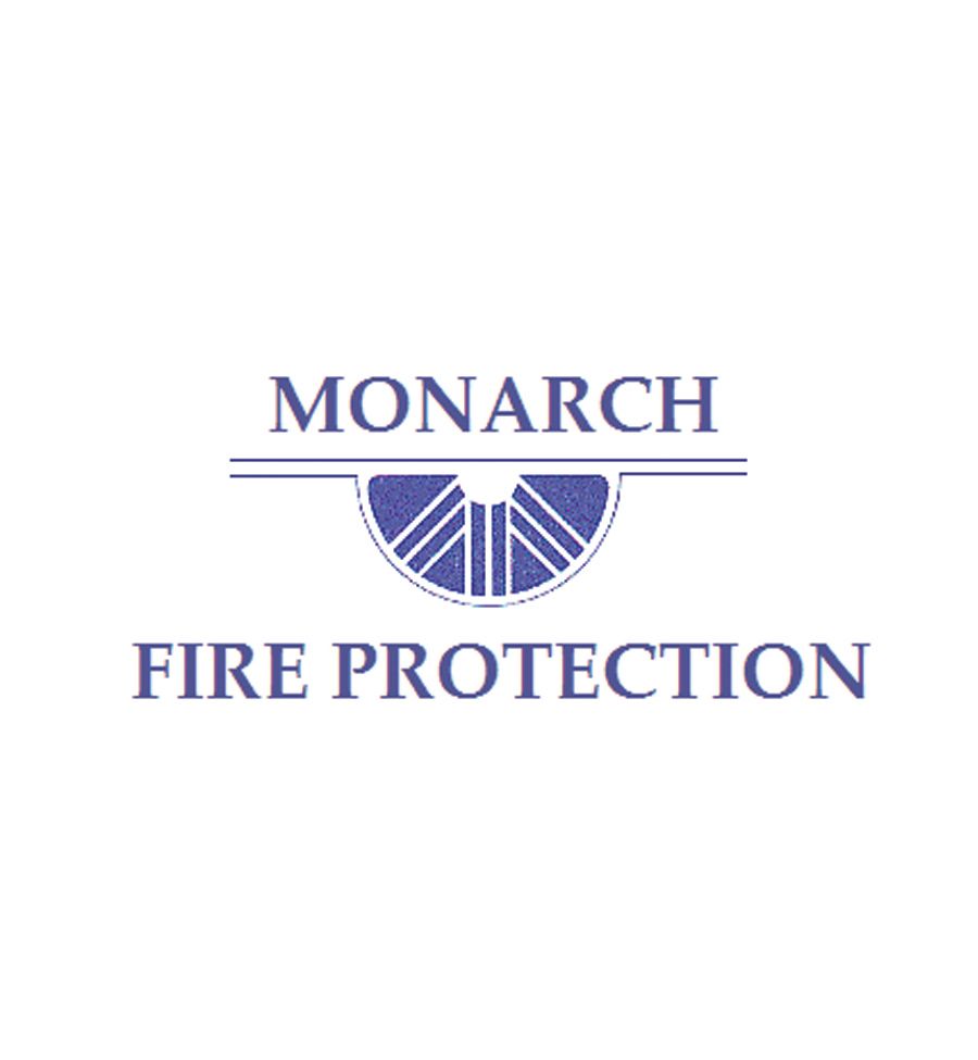The monarch fire protection logo is blue and white