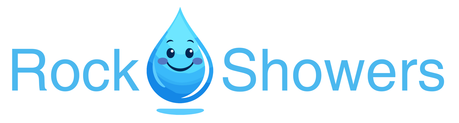 Logo for Rock Showers: Blue water droplet character smiling between the text