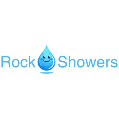 Logo for Rock Showers, featuring a smiling blue water droplet.