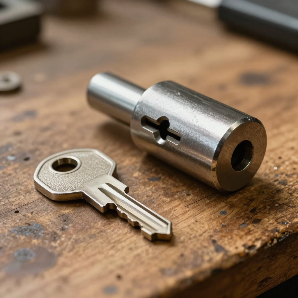 Llave plateada y bombín de cerradura sobre una superficie de madera
