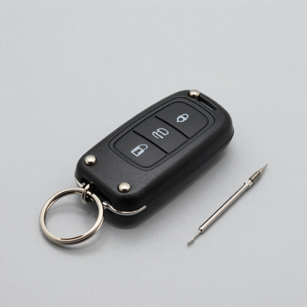 Llave electrónica negra de coche con dos botones y una llave metálica sobre un fondo gris