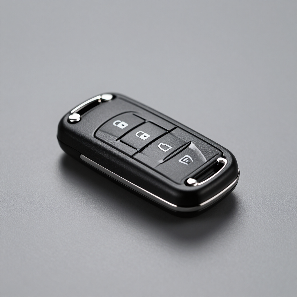 Llave electrónica negra de coche con botones de cierre y apertura sobre una superficie gris