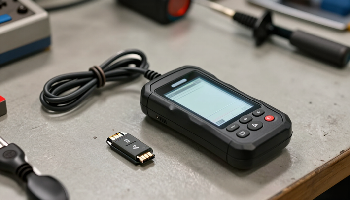 Equipo de programación de llaves y chips para autos sobre una mesa de trabajo.