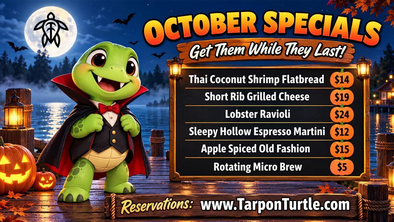 Tarpon Turtle specials menu featuring six items with prices, a cartoon turtle holding a martini, and their website.