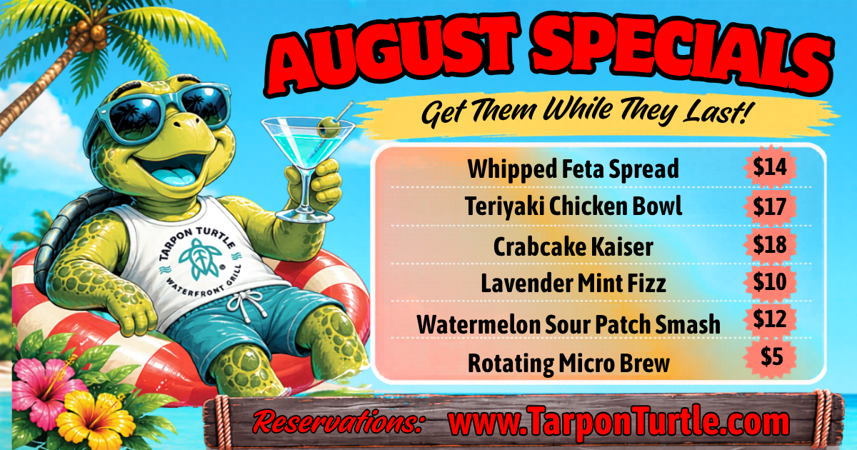 Tarpon Turtle specials menu featuring six items with prices, a cartoon turtle holding a martini, and their website.