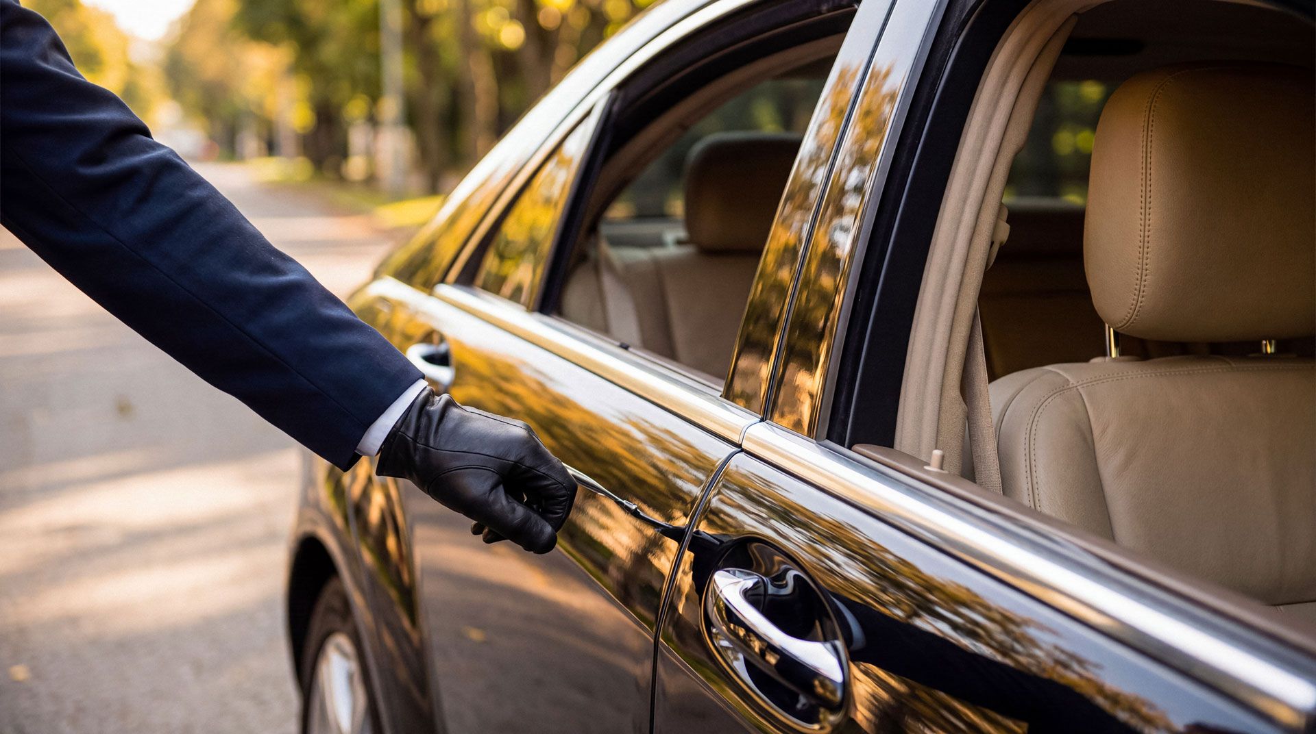 Gloved hand opening the door of a black car at the curb, with beige interior visible.